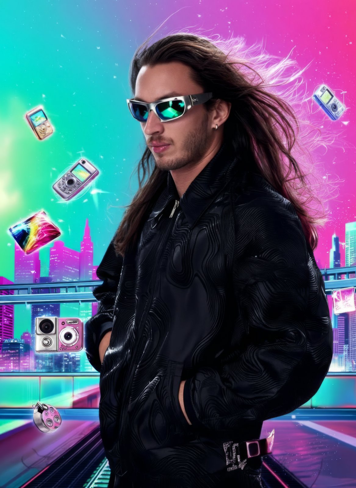Tony Perfetto in chrome wraparound sunglasses against a cyan-to-magenta Y2K cityscape, floating flip phones, cameras and a Game Boy around him